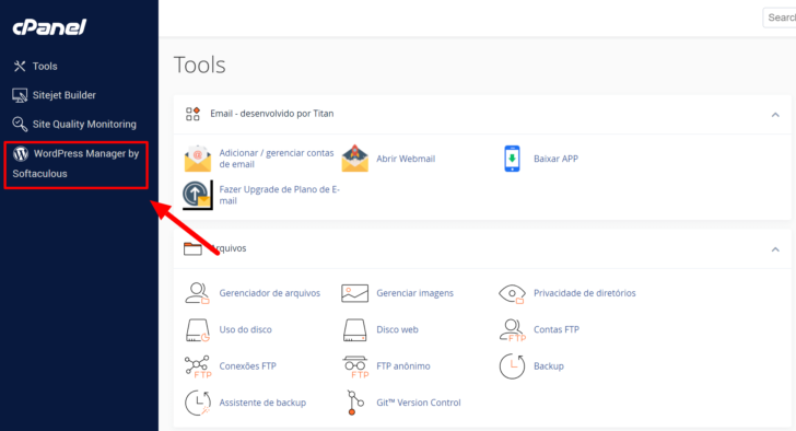 Tela inicial do cPanel da HostGator, com o gerenciador de site WordPress em destaque