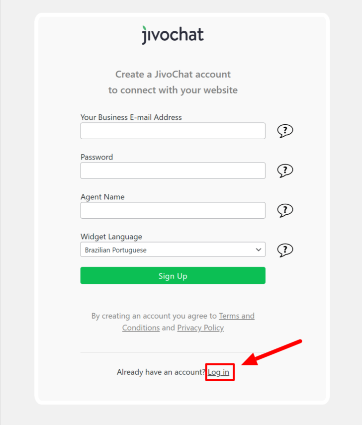 Tela de cadastro dentro do painel WordPress, com destaque para o link de login
