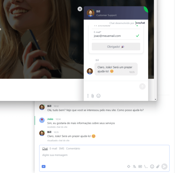 Interação do chat visível no painel de administração do serviço
