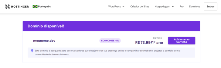 Pesquisa por um domínio .dev na Hostinger