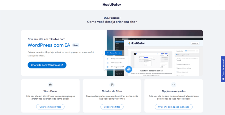 Opções de criação de sites no painel do cliente HostGator