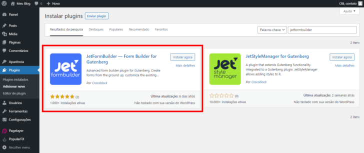 A instalação do JetFormBuilder pode ser feita por dentro do painel do WordPress