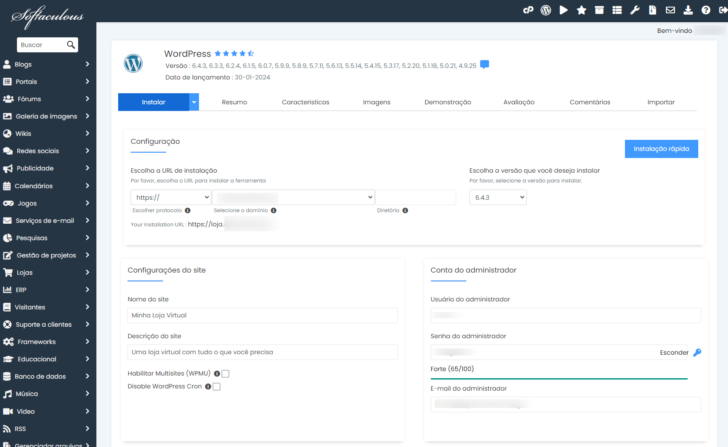 Formulário para instalação do WordPress