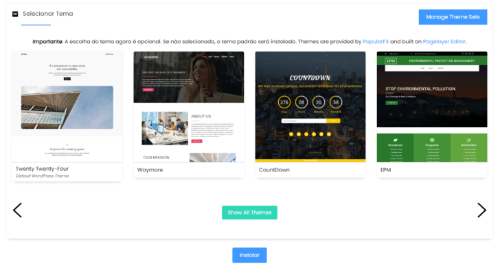 Alguns temas também estão disponíveis no passo anterior à instalação efetiva do WordPress