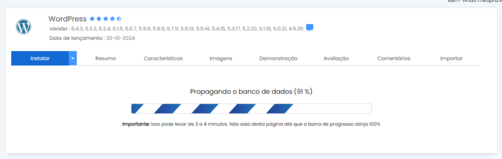 O instalador exibe o progresso da instalação