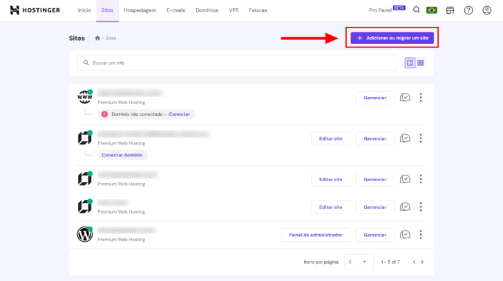 Aba de gerenciamento de sites, no painel de controle da Hostinger