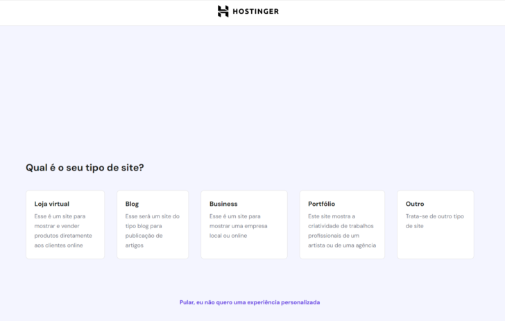 Tela inicial do assistente de configuração de sites da Hostinger