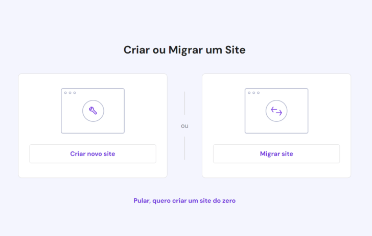 Tela do assistente de configuração de sites da Hostinger