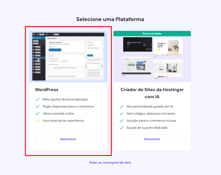 O assistente da Hostinger permite instalar um WordPress ou usar o criador de sites com inteligência artificial