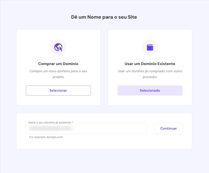 Tela de configuração de domínio no assistente da Hostinger