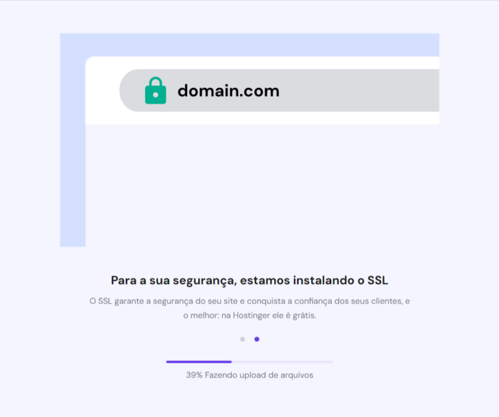 Tela com a exibição do progresso da instalação do site