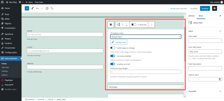Tela de configuração do recurso de autopreenchimento no editor do WordPress