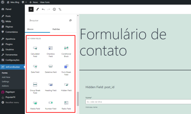 Os campos de formulário do JetFormBuilder estão disponíveis na lista de blocos do editor