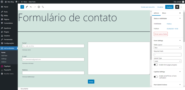 Exemplo de formulário em duas colunas, combinando os recursos do próprio Gutenberg com o JetFormBuilder