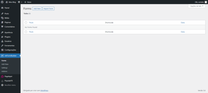 Tela do JetFormBuilder logo após a ativação do plugin