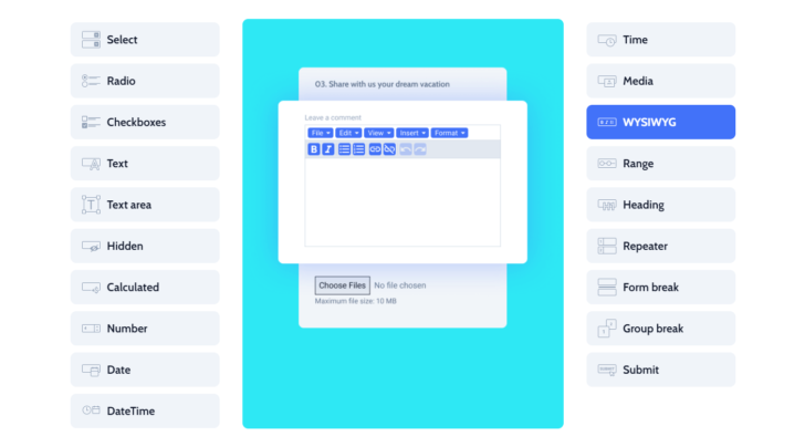 O campo do tipo WYSIWYG permite formatar visualmente o texto no JetFormBuilder