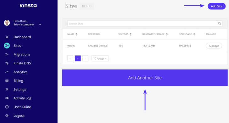 Na Kinsta, ao adicionar um novo site no painel, o WordPress é instalado automaticamente - Imagem: Kinsta