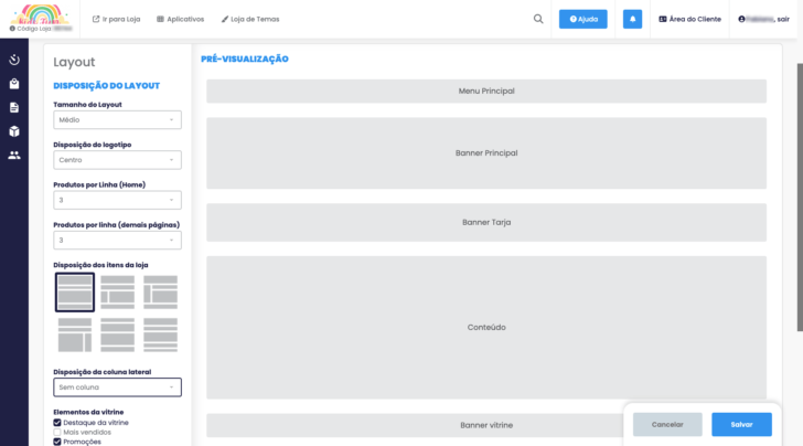 Opções de customização da estrutura da loja virtual