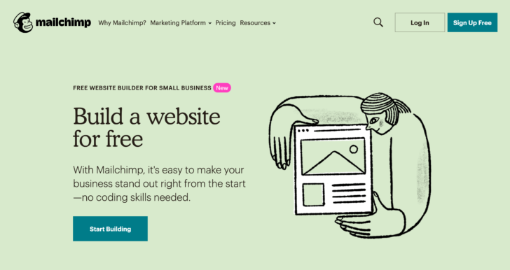 Captura de tela do criador de sites do MailChimp