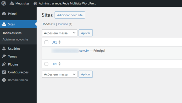 Lista de sites no painel de gerenciamento da rede de sites