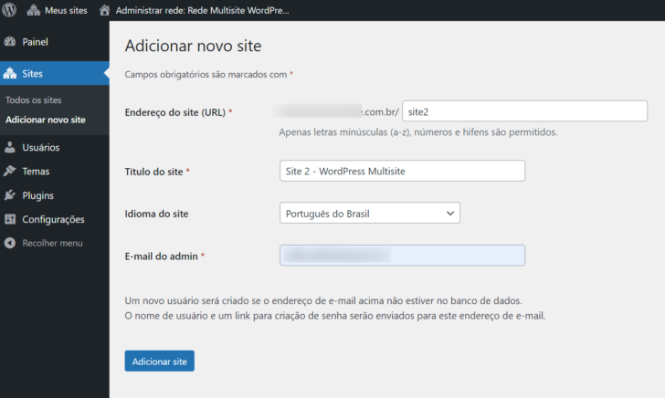Criação de um novo site na rede WordPress Multisite