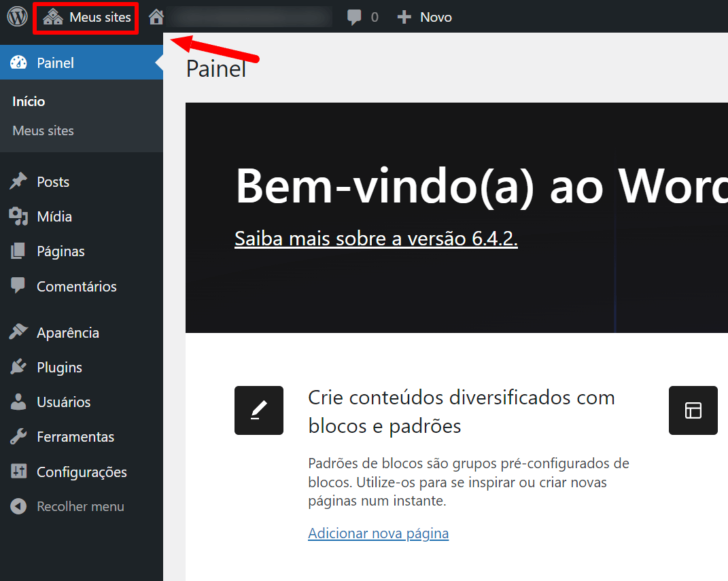 Agora, o link para gerenciamento da rede de sites fica visível no menu do WordPress