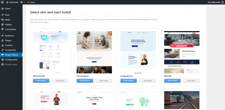É possível escolher um modelo de layout durante a instalação do tema premium Monstroid2