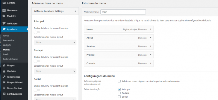Menu principal pré-configurado no Monstroid2