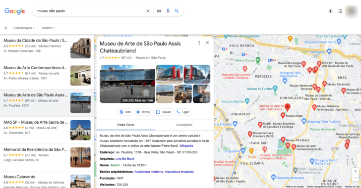 Resultados de uma pesquisa feita no Google mostra lugares e avaliações
