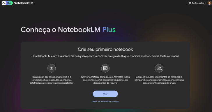 Tela inicial de criação do notebook