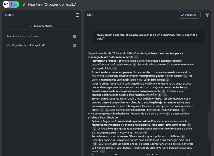 Pontos-chave para a mudança de hábito, gerado pelo NotebookLM no Google Workspace