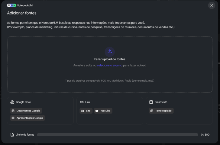 Tela para upload de arquivos dentro do Google NotebookLM.