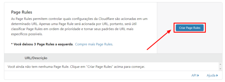 Clique no botão Criar Page Rules para iniciar a configuração do redirecionamento no CloudFlare