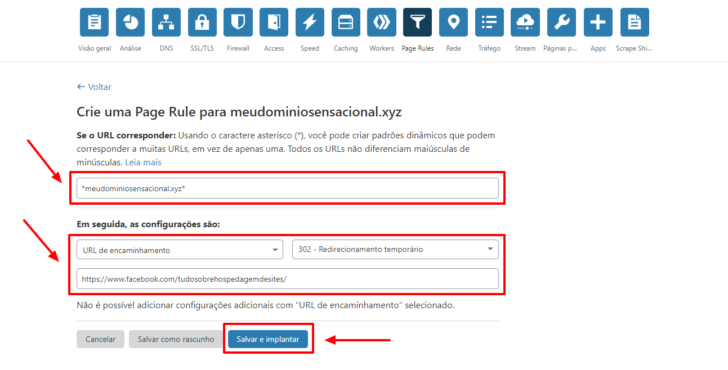 Neste exemplo, estamos redirecionando o domínio para uma página no Facebook