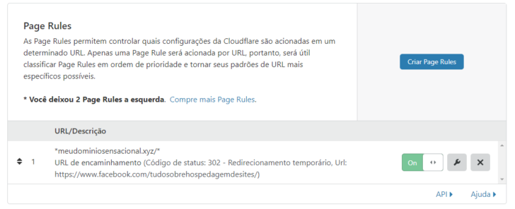 Após salvar a regra, ela fica listada na página Page Rules