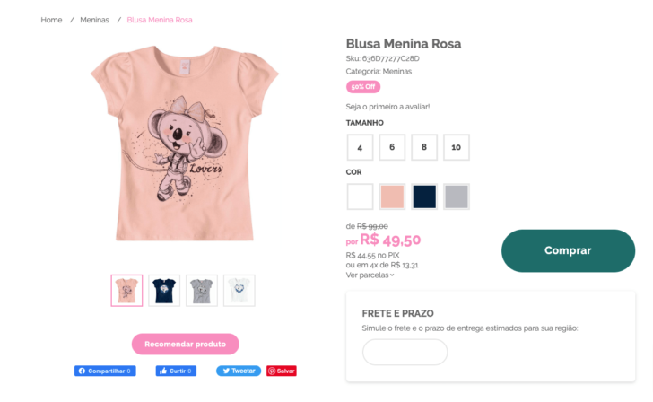 Exemplo de página de produto de um tema da DLoja Virtual
