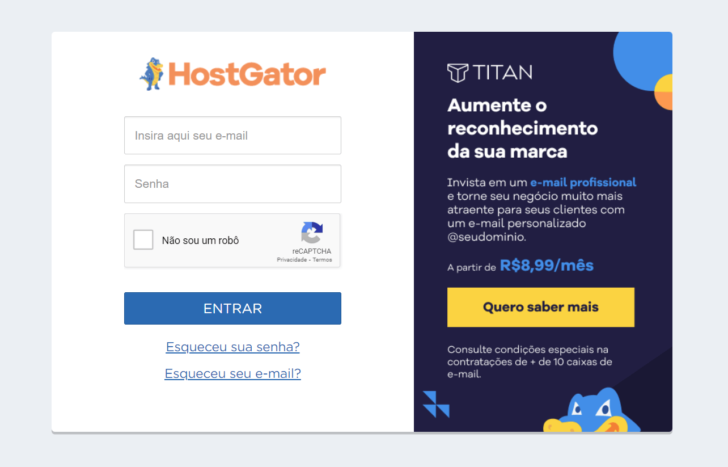 Tela de login do painel de controle HostGator