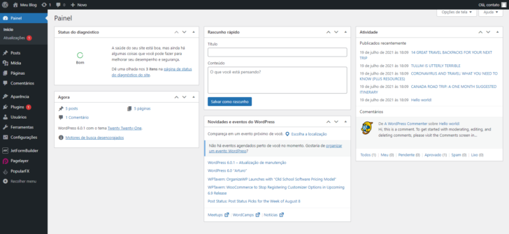 O painel de controle padrão do WordPress, conhecido como wp-admin, está presente em ambas as modalidades da ferramenta