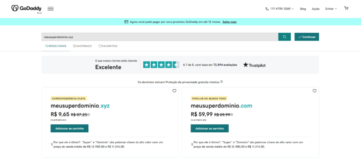 Exemplo de pesquisa de domínio no site da GoDaddy