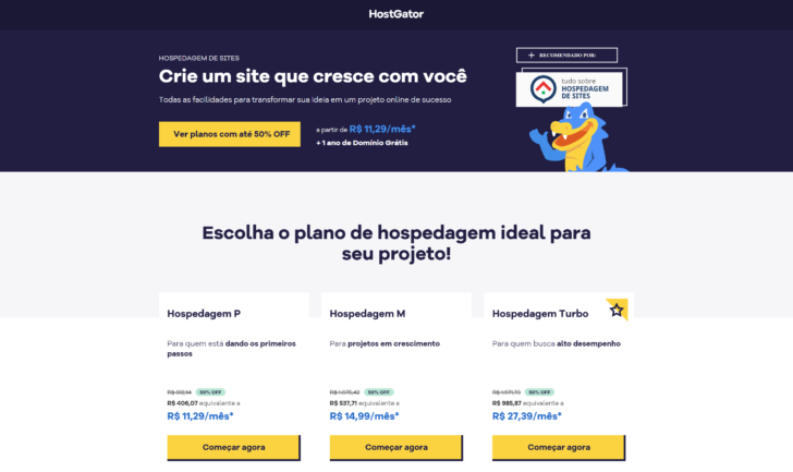 Planos de hospedagem no site da HostGator