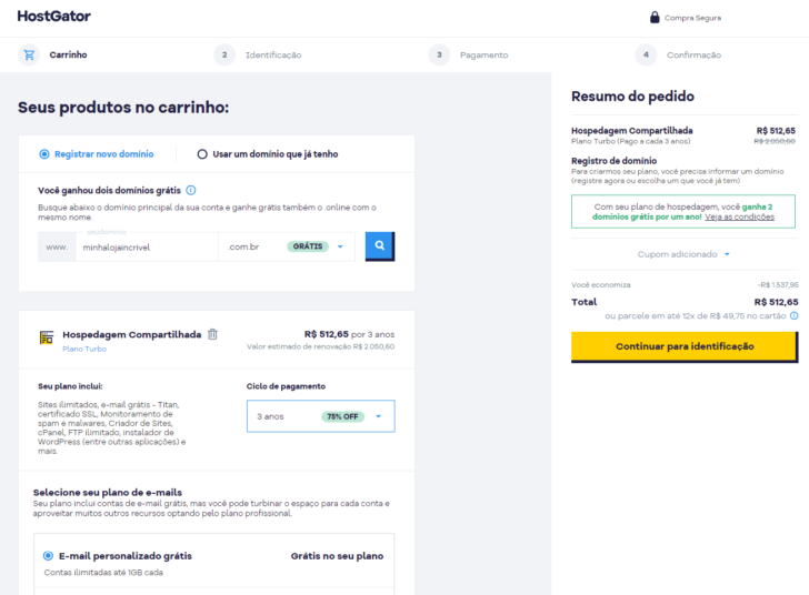 No carrinho de compras da HostGator é possível pesquisar e registrar um domínio