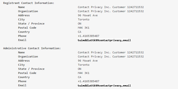 Resultado de uma consulta Whois para um endereço .com que possui privacidade de domínio