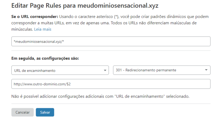 Exemplo de redirecionamento no CloudFlare que conserva o trecho posterior ao domínio na URL através do uso de variáveis
