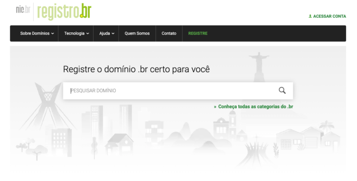 Página de pesquisa de domínio no site Registro.br