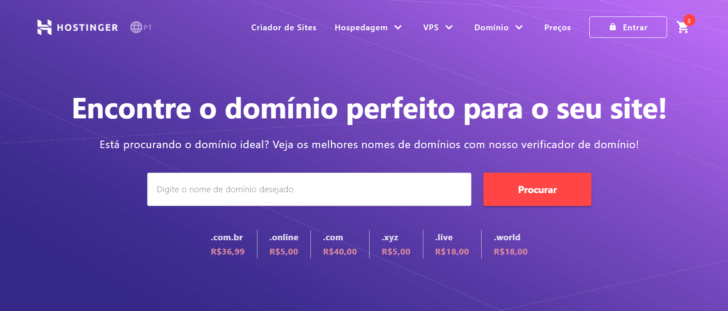 Pesquisa de domínio na Hostinger, que conta com um dos menores preços de renovação
