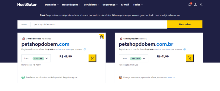 Exemplo de resultados da pesquisa por domínios no site da HostGator