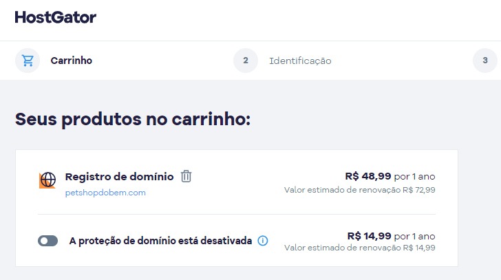 Domínio inserido no carrinho de compras e pronto para o registro