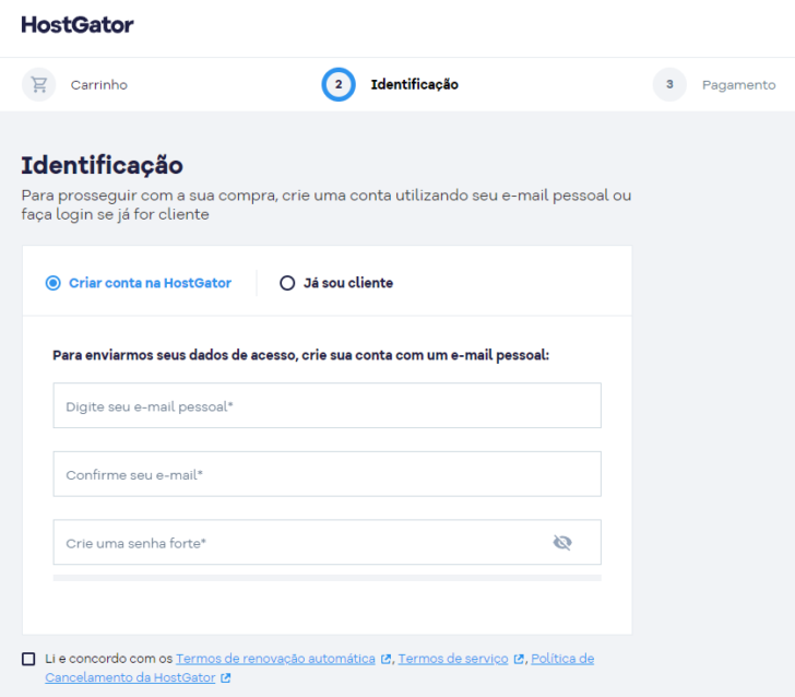 Tela de criação de conta no site da HostGator