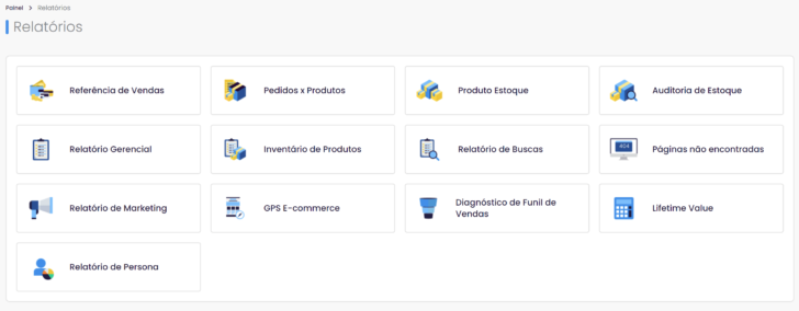 Relatórios disponíveis no painel