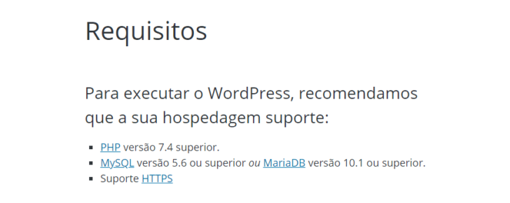 Página com as recomendações para instalação do WordPress - Fonte: WordPress.org